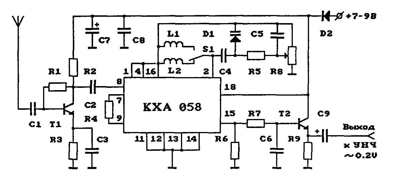Схема укв fm. УКВ приемник на кха058. Схема УКВ 88-108мгц приемника на транзисторах. Схема fm приемника 65-108 МГЦ на транзисторе. УКВ ЧМ приемник 64-108 МГЦ.